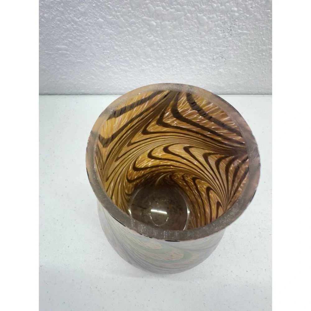 Teleflora Brown Iridescent Peach Opaque Art Glass Vase W/ Swirl Design 7